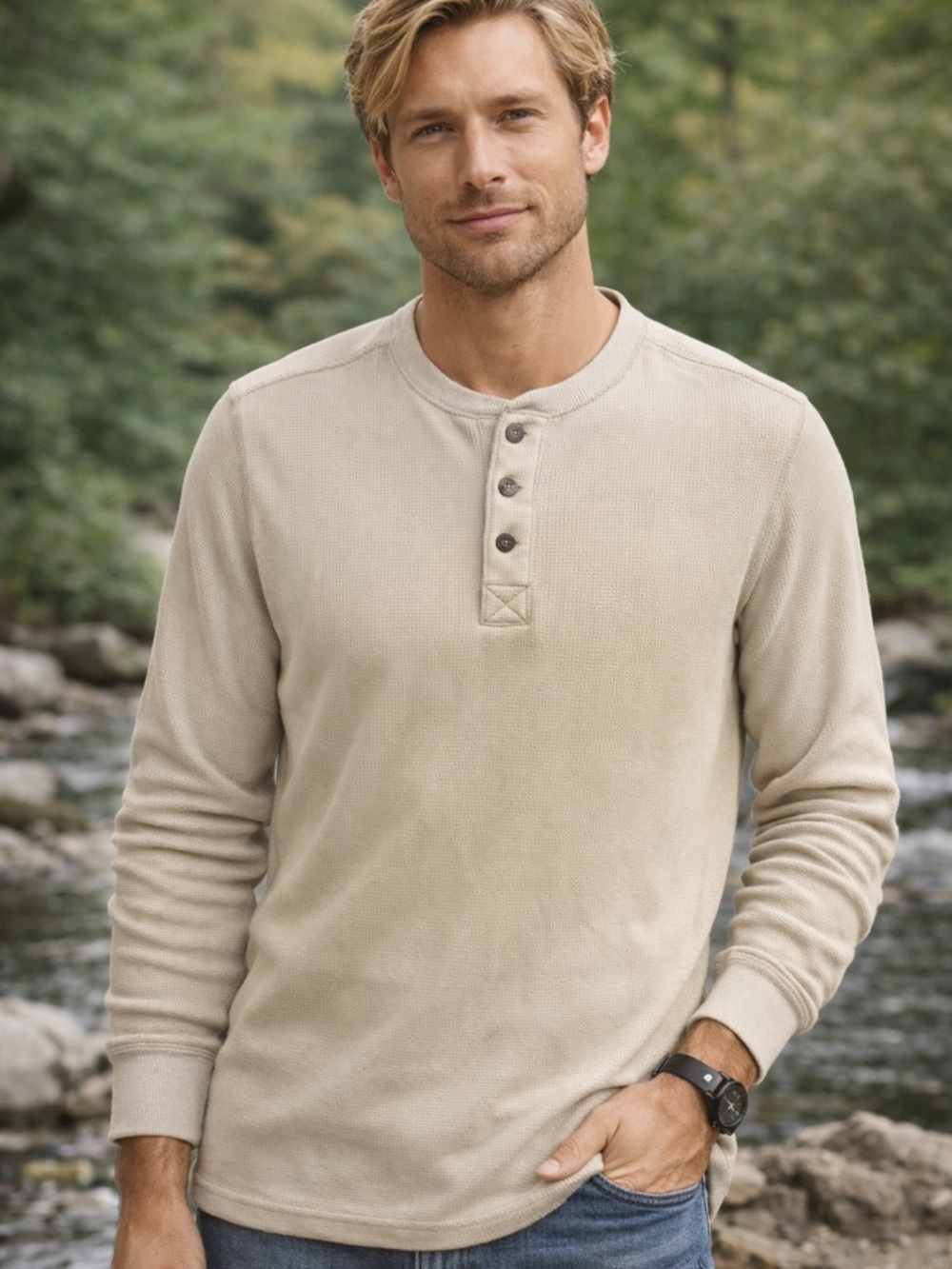 Eddie Bauer Men's Long-Sleeve Henley in Light Beige